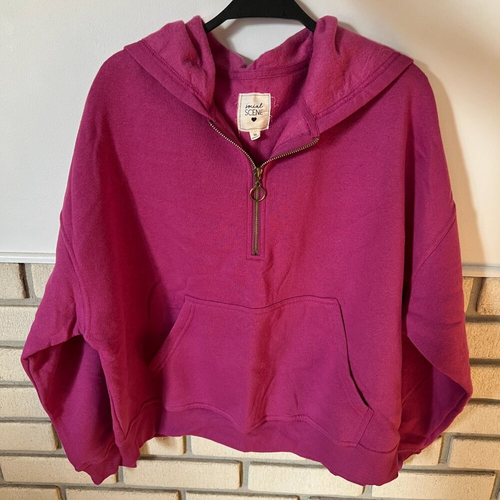 Social Scene Women's Dark Purple/Pink Pullover Hoodie Sweatshirt, Size M - NEW